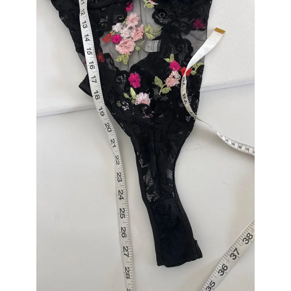 Y2K Bodysuit Small Sheer Lace Floral Embroidered Black Mesh Open Back Lingerie - Picture 7 of 16